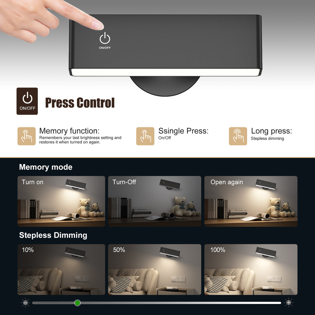 YiLaie Black Rechargeable LED Wall Lamp Magnetic 360° Rotatable Touch Dimmable