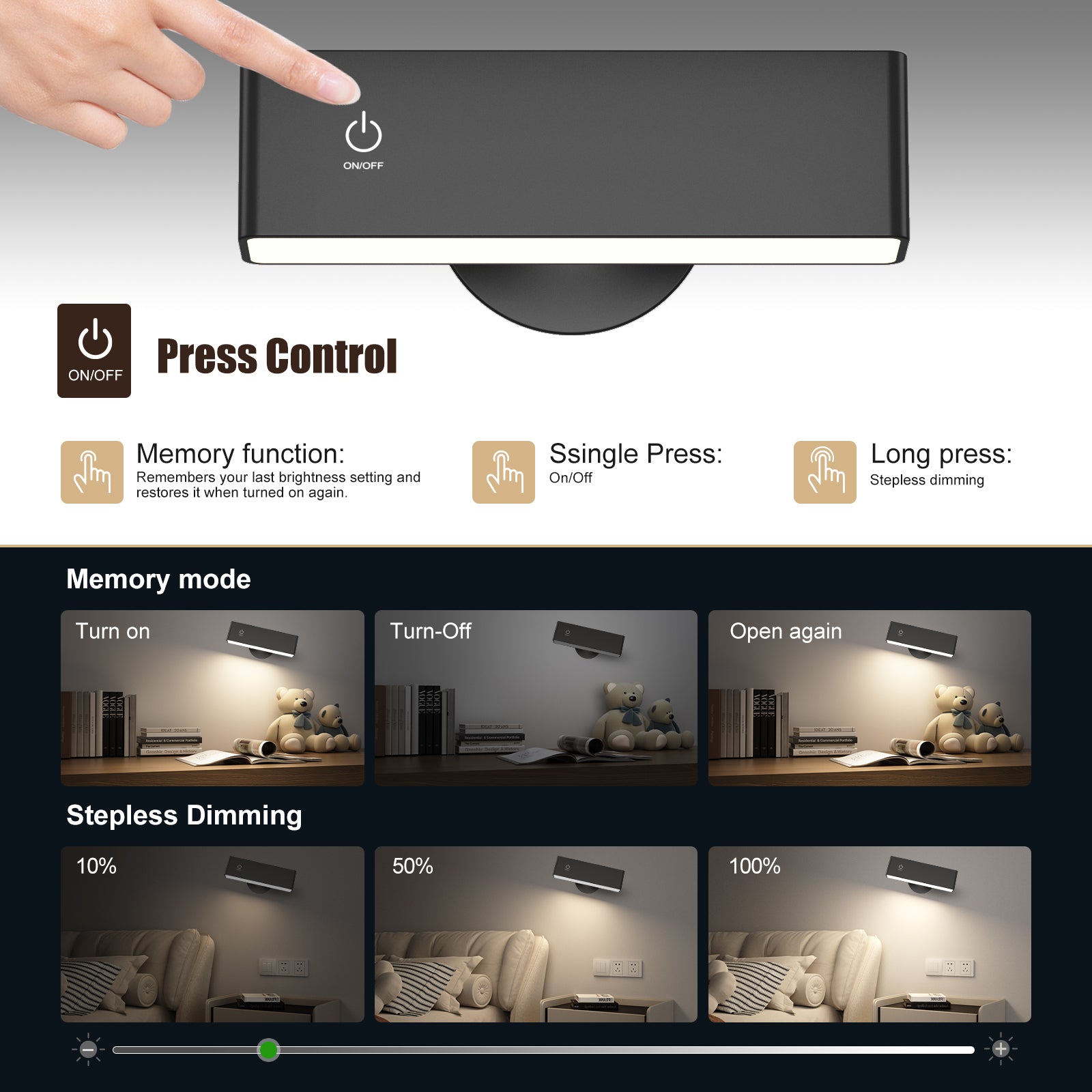 YiLaie Black Rechargeable LED Wall Lamp Magnetic 360° Rotatable Touch Dimmable