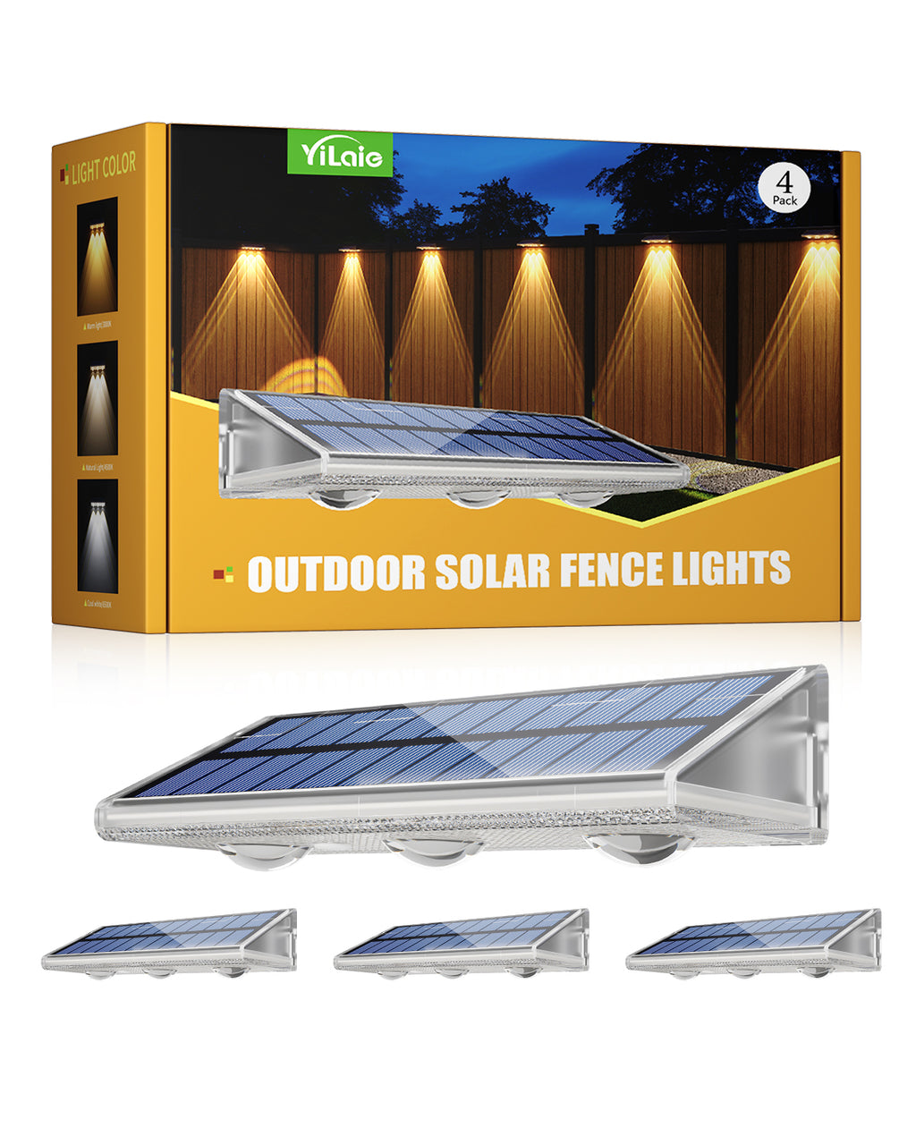 YiLaie  4 pcs Solar Fence Lights for Outdoor（ 3000K/4500K/6500K ）