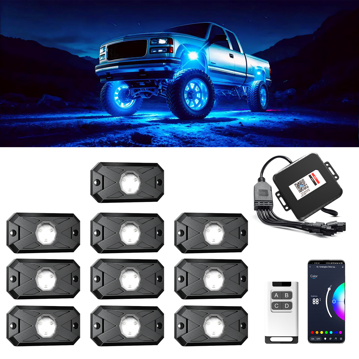 YiLaie X-Type RGB Rock Lights, 10 Pods,App&RF Remote for Truck ATV UTV