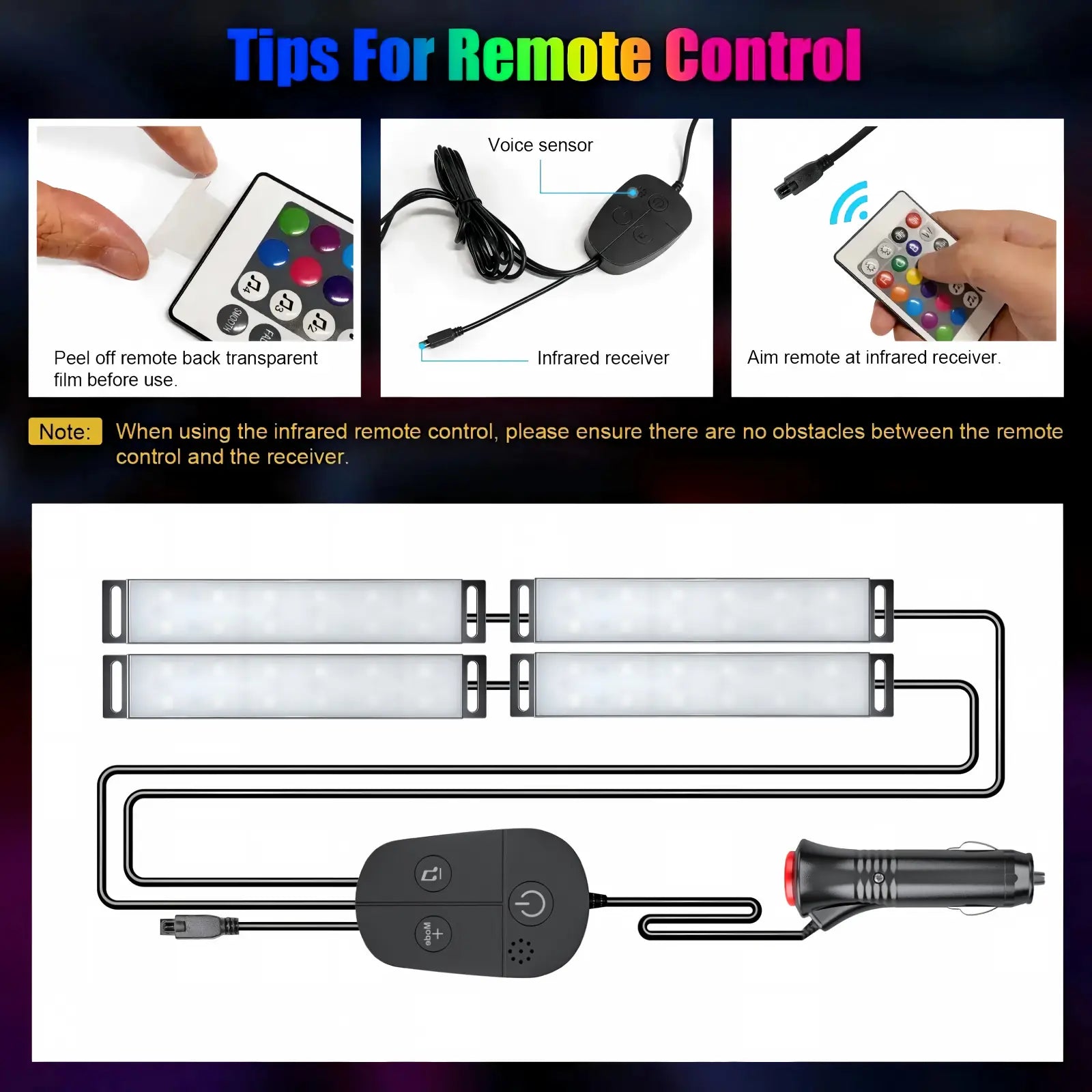 YiLaie DC 12V,Cigarette Lighter Car Interior LED Lights, 3 Buttons & Remote Control Music Sync