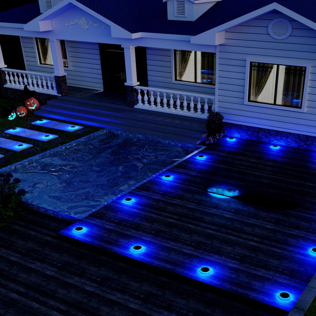 Beveled Round Blue Solar Deck Lights Waterproof Outdoor Pathway Driveway Dock