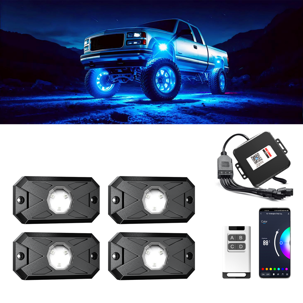 YiLaie X-Type RGB Rock Lights Kit,4 Pods Underglow,App&RF Remote for Truck ATV UTV