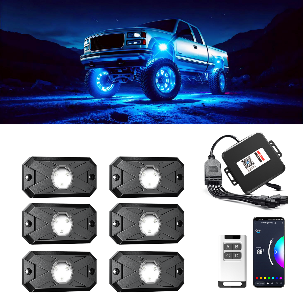 YiLaie X-Type RGB Rock Lights Kit,6 Pods Underglow,App&RF Remote for Truck ATV UTV