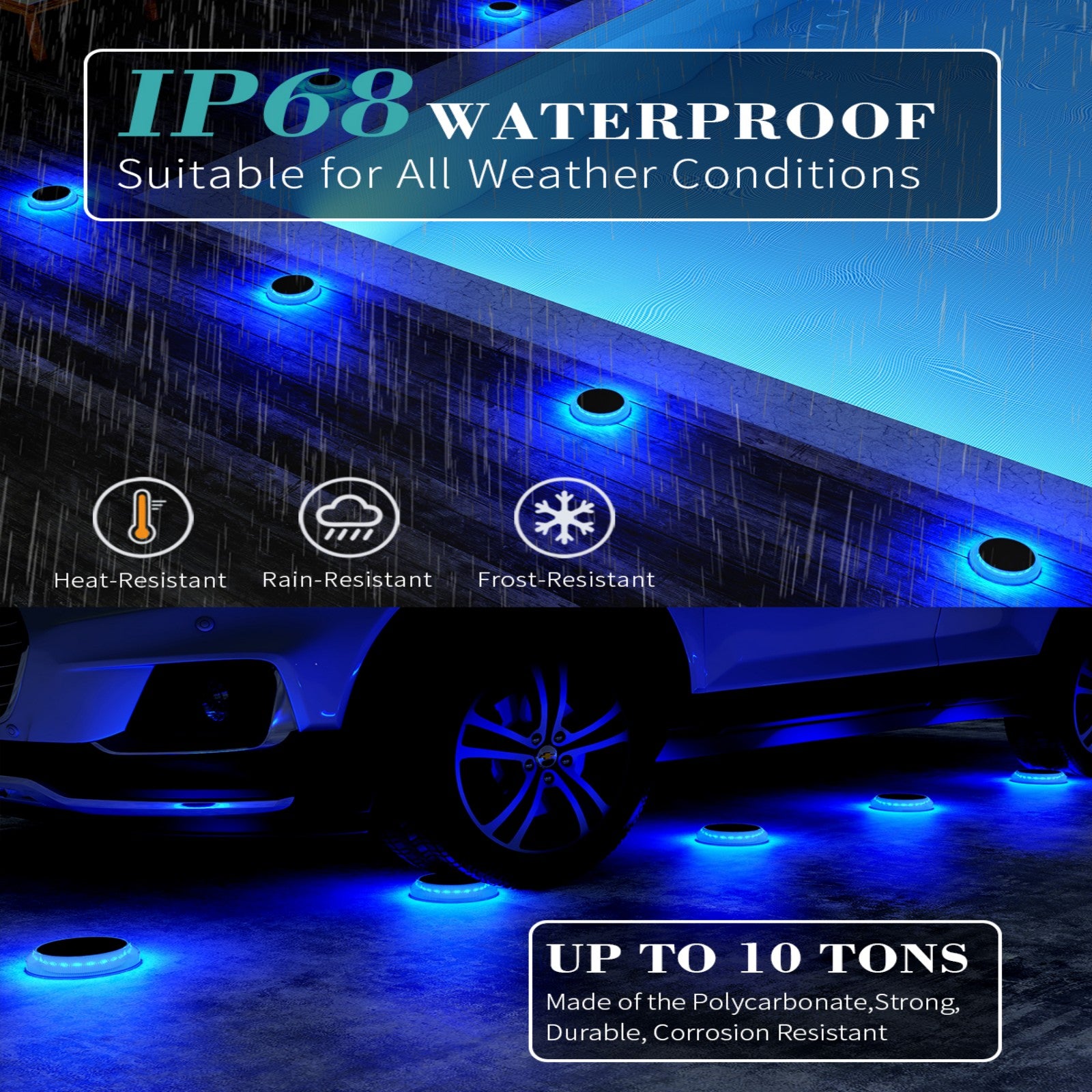 Beveled Round Blue Solar Deck Lights Waterproof Outdoor Pathway Driveway Dock