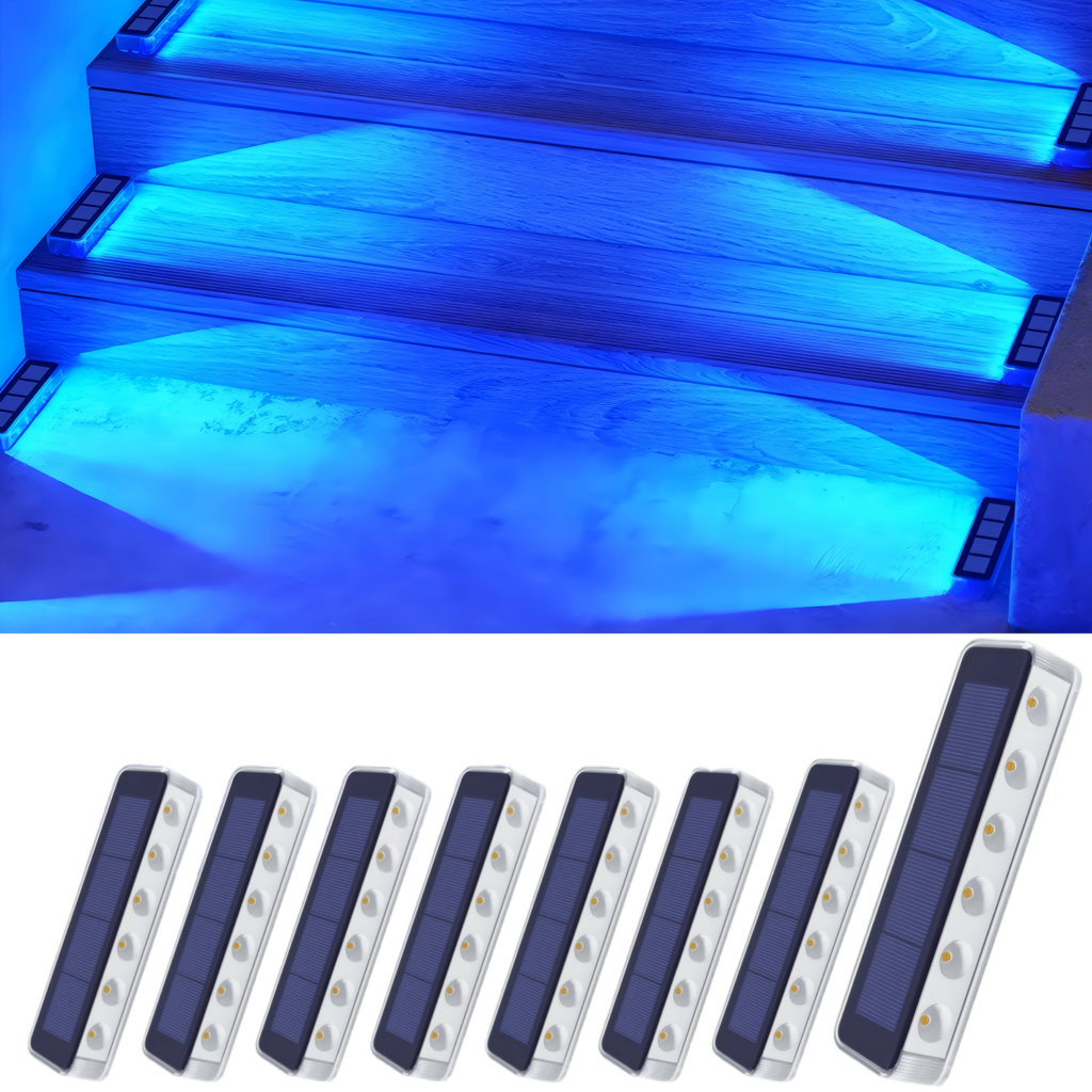 YiLaie 8 pcs Blue Solar Outdoor Step Lights for Deck Dock & Pathway