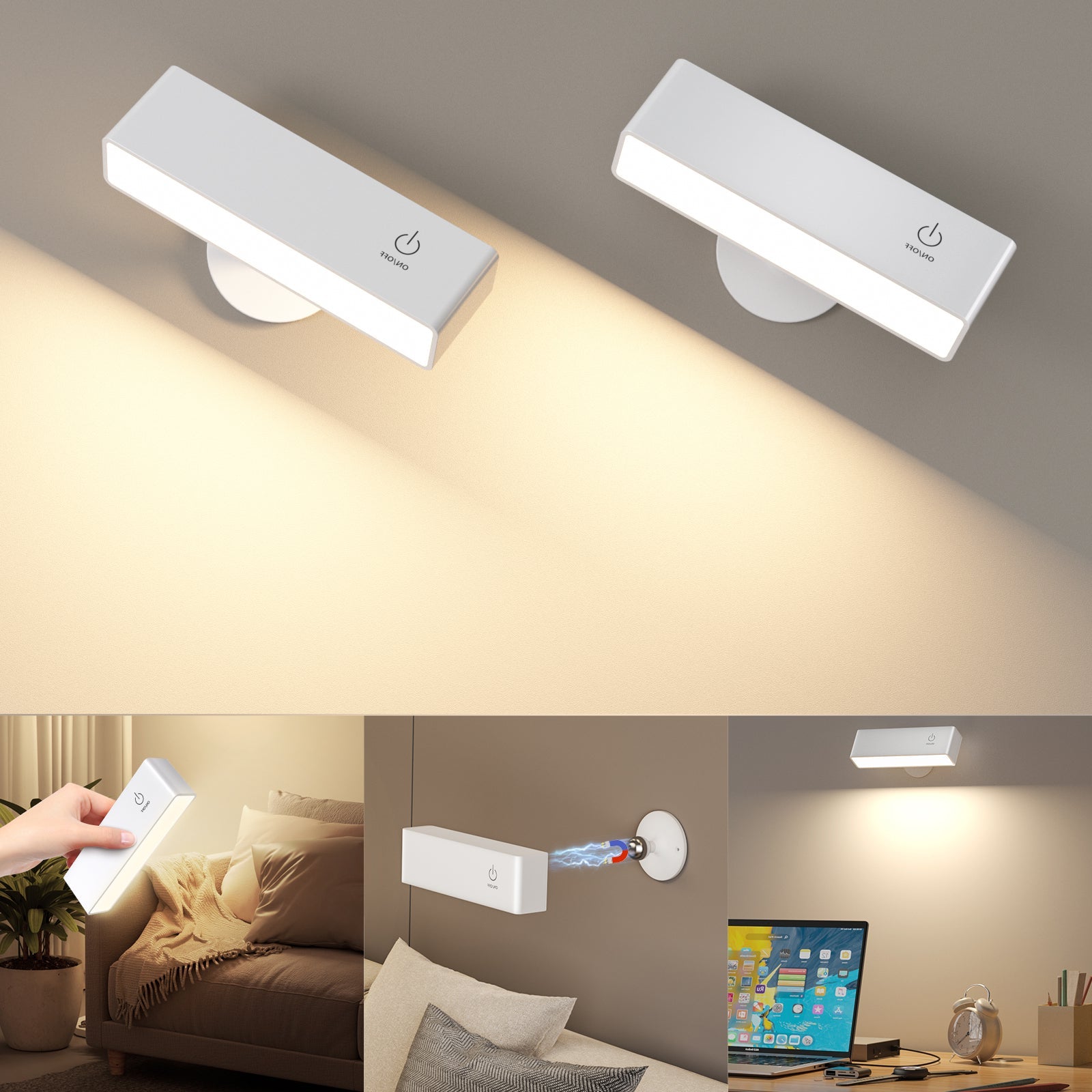 YiLaie White Rechargeable Magnetic LED Wall Sconce Touch Dimmable