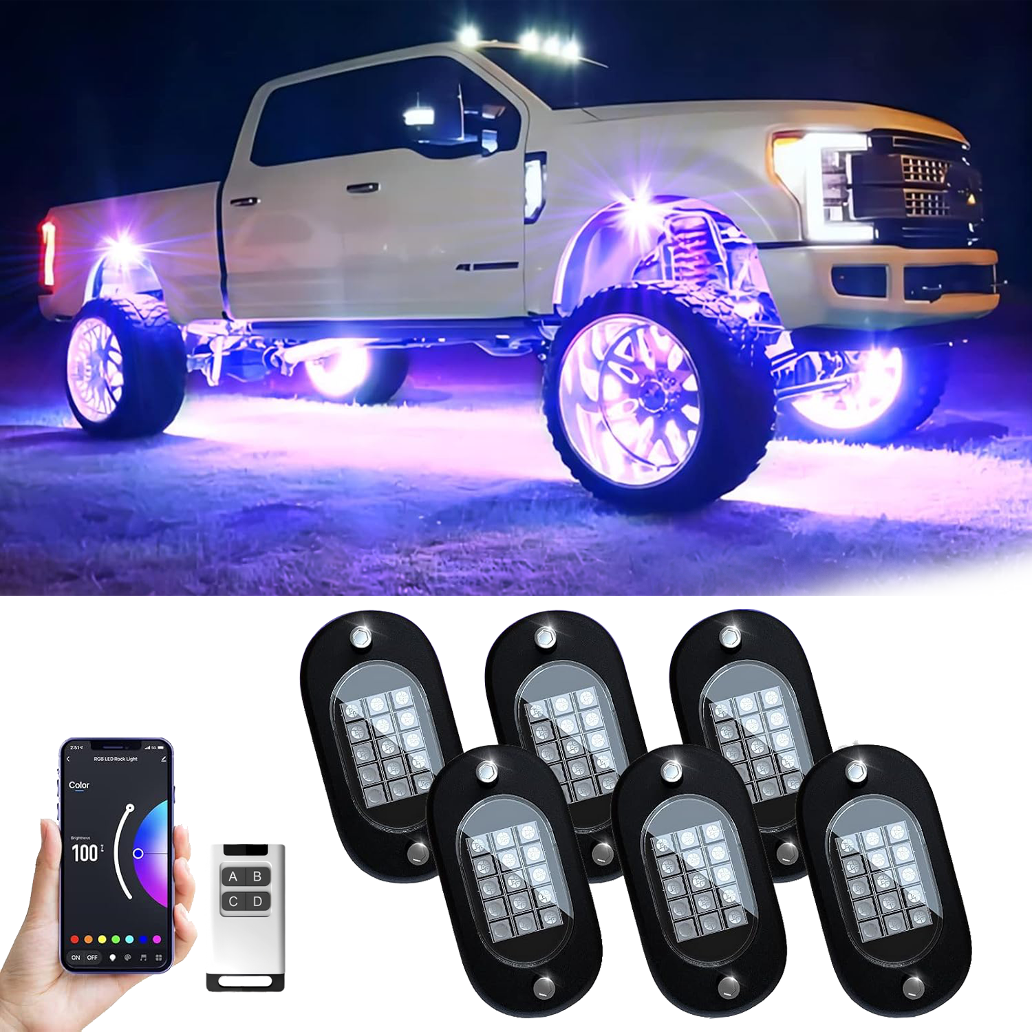 YiLaie 6 Pods RGB Rock Lights, 60 LEDs, 12V