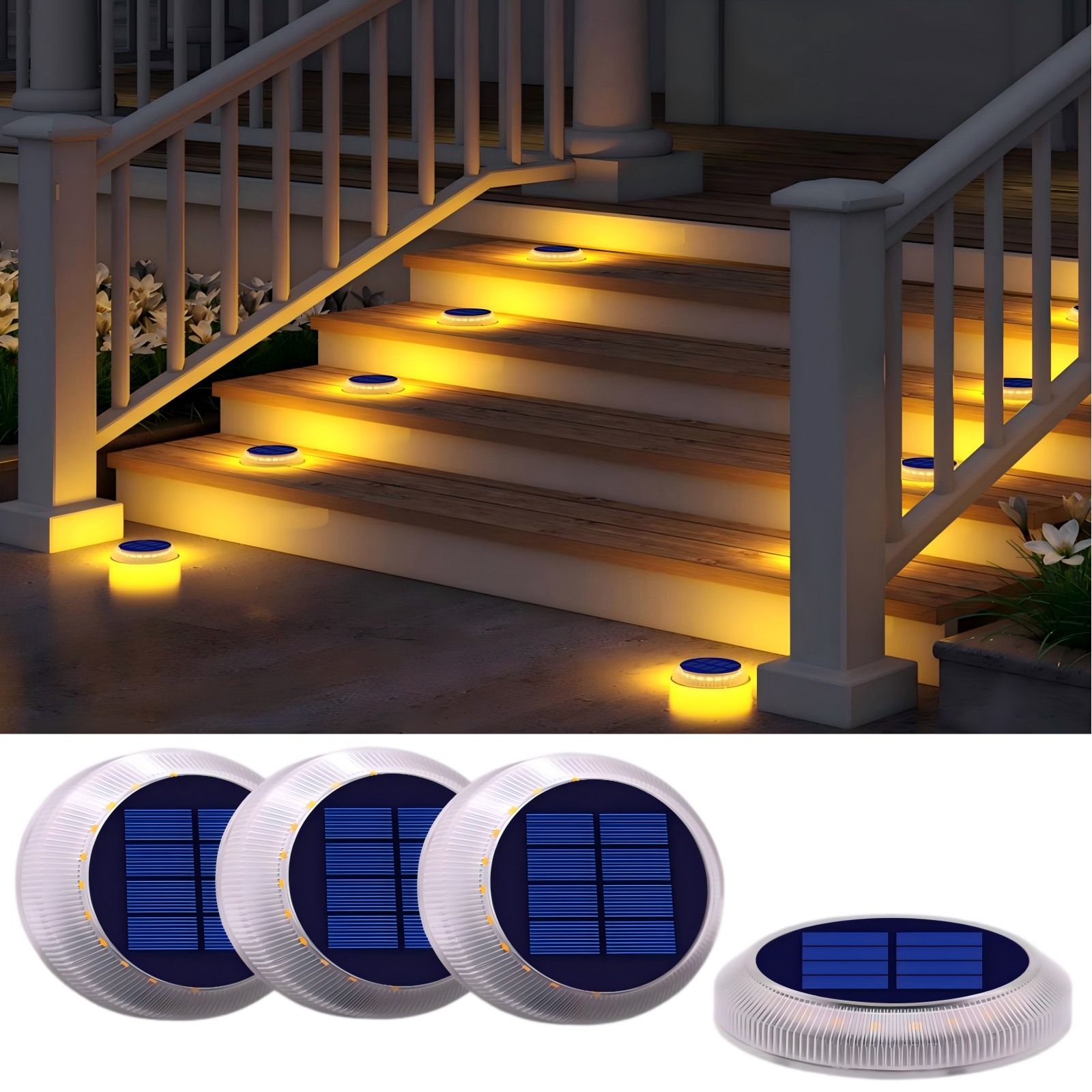 Beveled Round Warm White Solar  OUTDOOR Deck Lights  4 PACKS