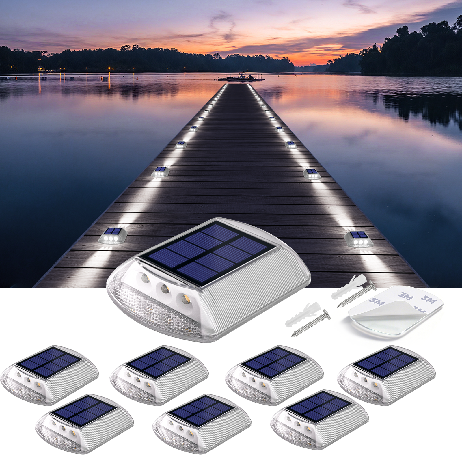 YiLaie Two‑Sided Side Glow Solar Driveway Lights 8‑Pack,White Lights