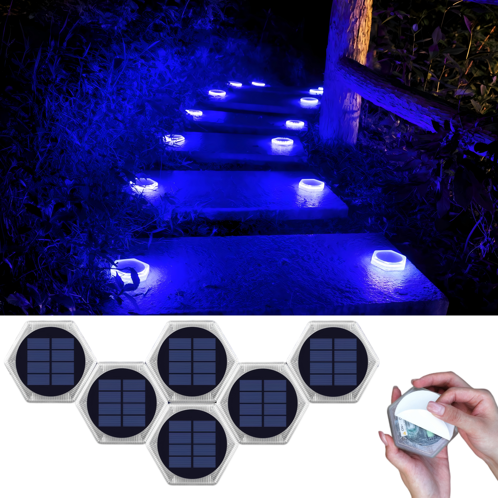YiLaie 6pcs Hexagon Blue Solar Outdoor Lights for Dock Pool & Garden Pathway