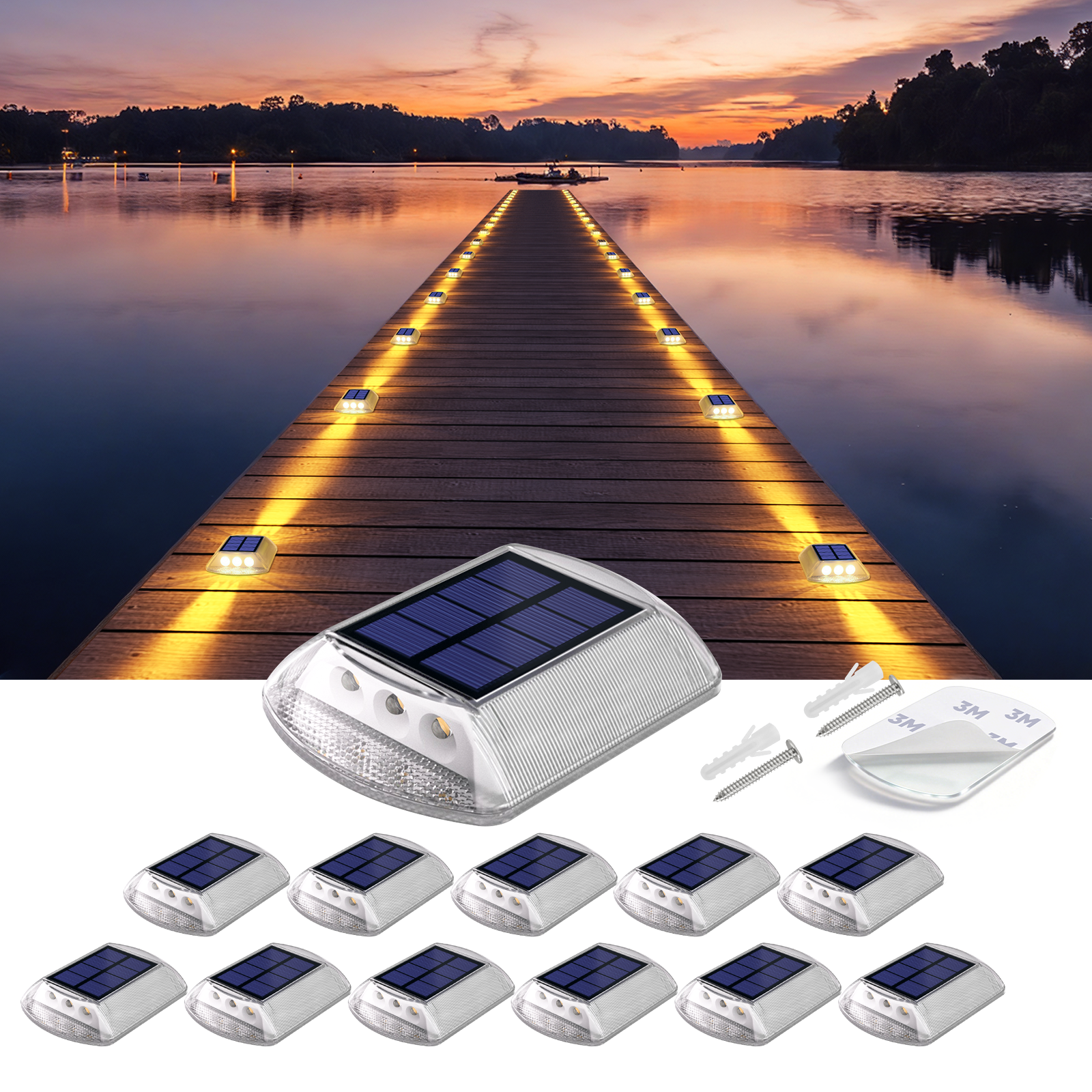 YiLaie Two‑Sided Side Glow Solar Deck Lights 12 Pcs, Amber Warm Marker Lights