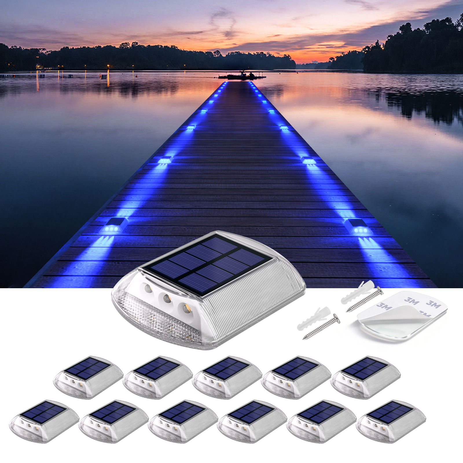 YiLaie Blue Two‑Sided Side Glow Solar Driveway Lights 12‑Pack