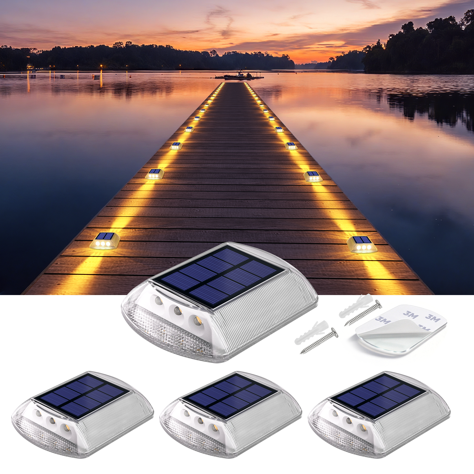 YiLaie Two‑Sided Side Glow Solar Deck Lights 4 Pcs, Amber Warm Marker Lights