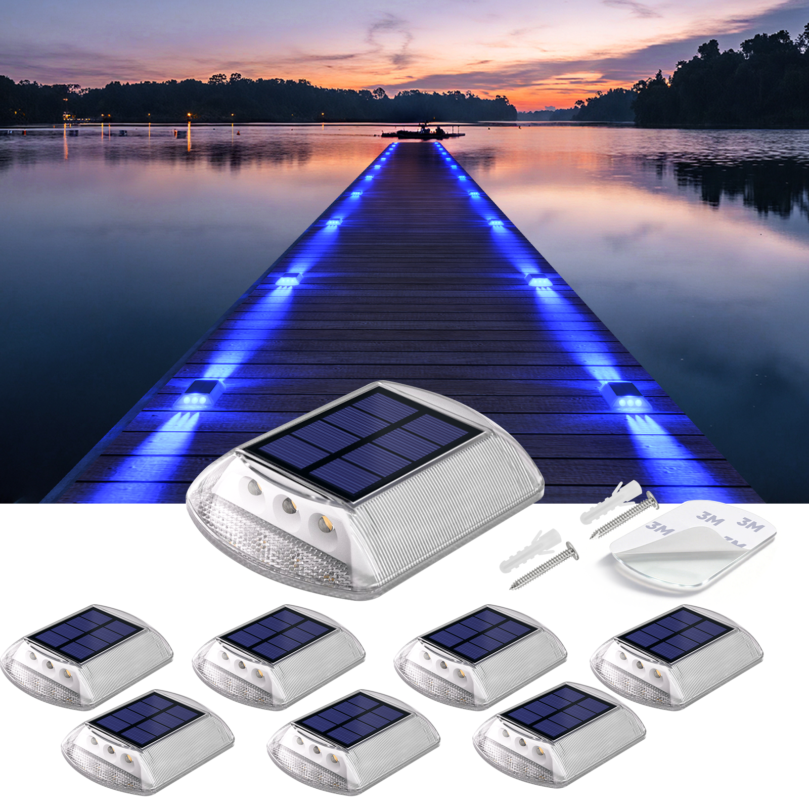 YiLaie Blue Two‑Sided Side Glow Solar Driveway Lights 8‑Pack