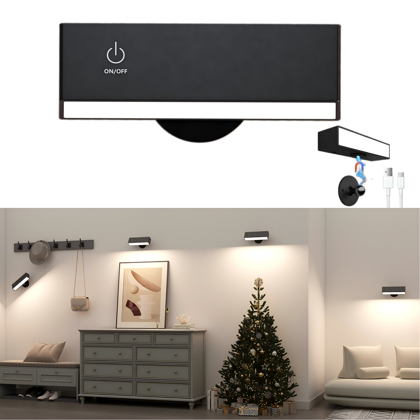 YiLaie 1 pack Black 4000K Rechargeable Magnetic Wall Sconce-touch control