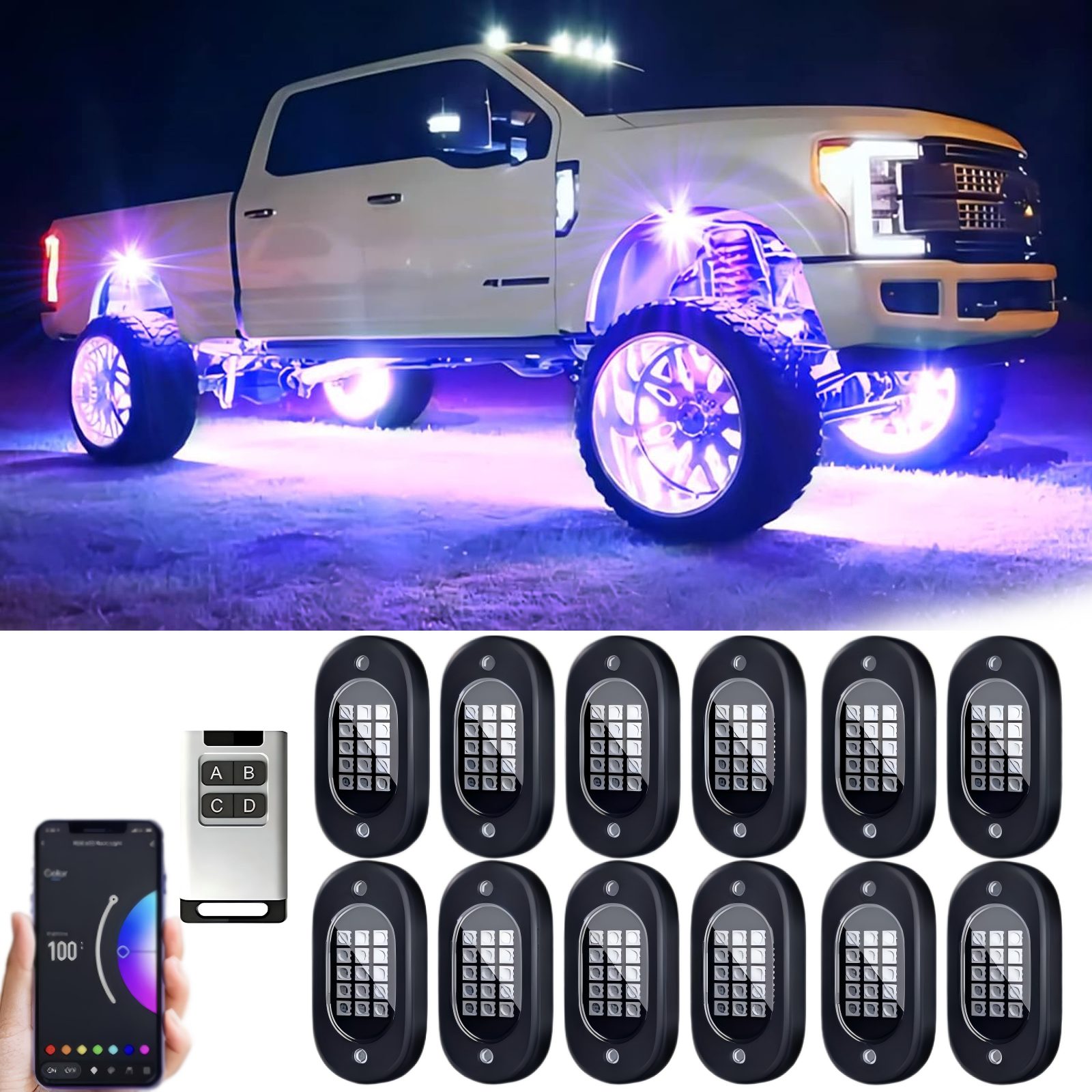 YiLaie 12 Pods RGB Rock Lights, 60 LEDs, 12V