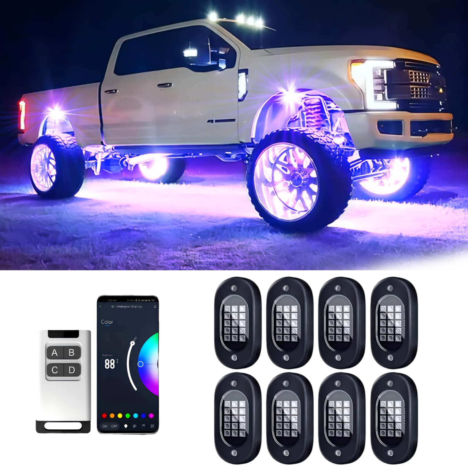 YiLaie 8 Pods RGB Rock Lights, 60 LEDs, 12V