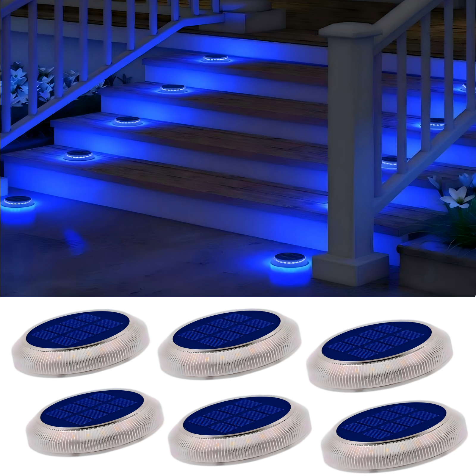 Beveled Round Blue Solar Deck Lights Waterproof Outdoor Pathway Driveway Dock 6 packs
