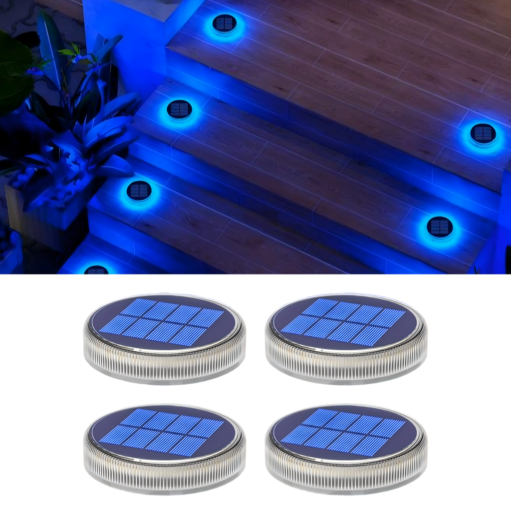 Round Blue Solar Outdoor Garden Pathway Deck Lights 4 packs