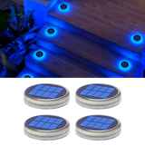Round Blue Solar Outdoor Garden Pathway Deck Lights 4 packs