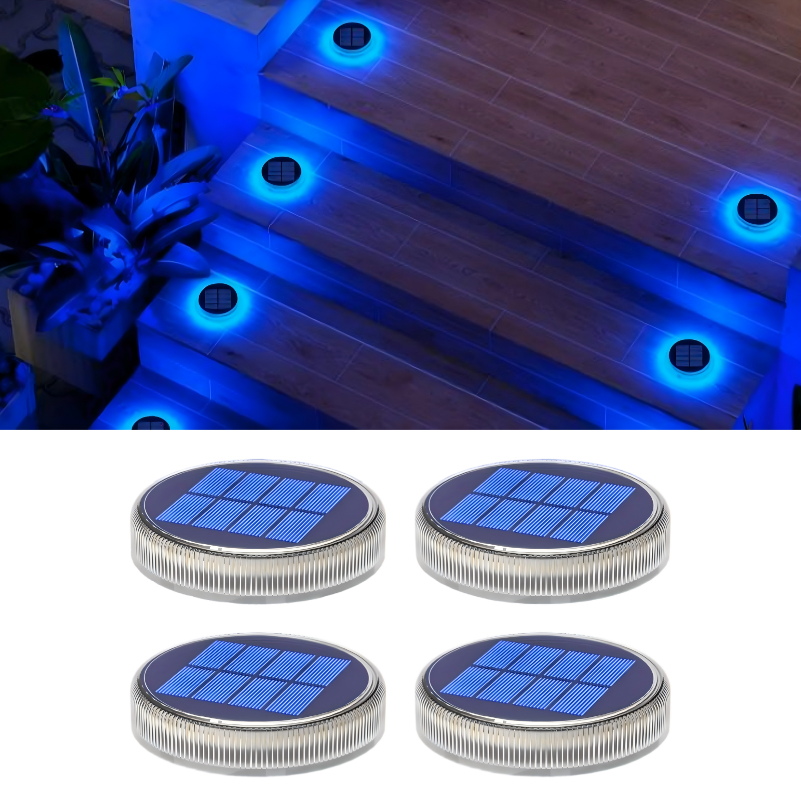 Round Blue Solar Outdoor Garden Pathway Deck Lights 4 packs