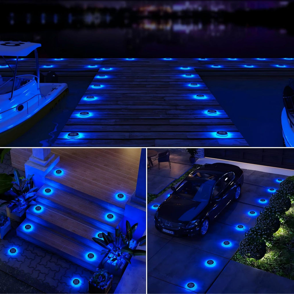 Round Blue Solar Outdoor Garden Pathway Deck Lights 4 packs 01