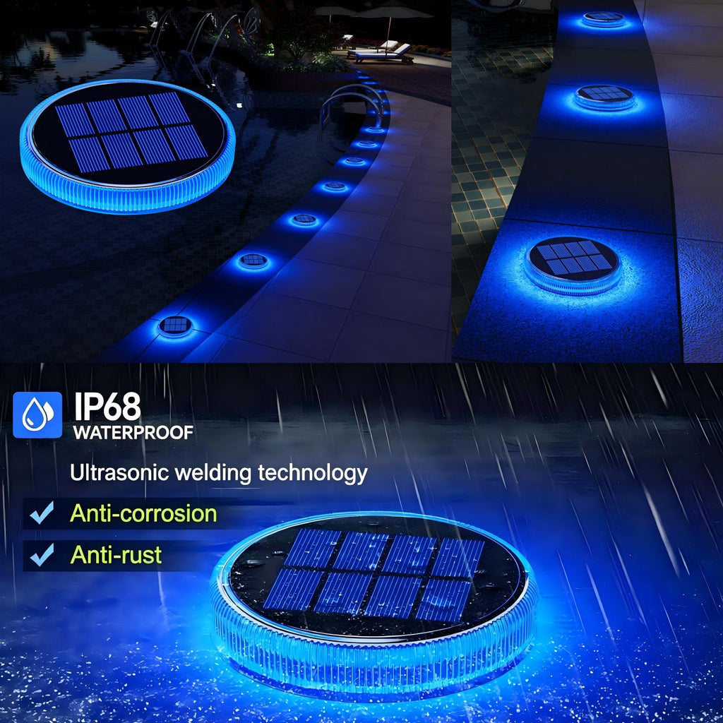 Round Blue Solar Outdoor Garden Pathway Deck Lights 4 packs IP68 Waterproof