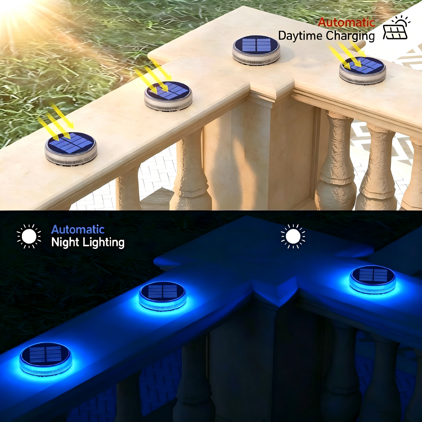 Round Blue Solar Outdoor Automatic charge Lights 4 packs
