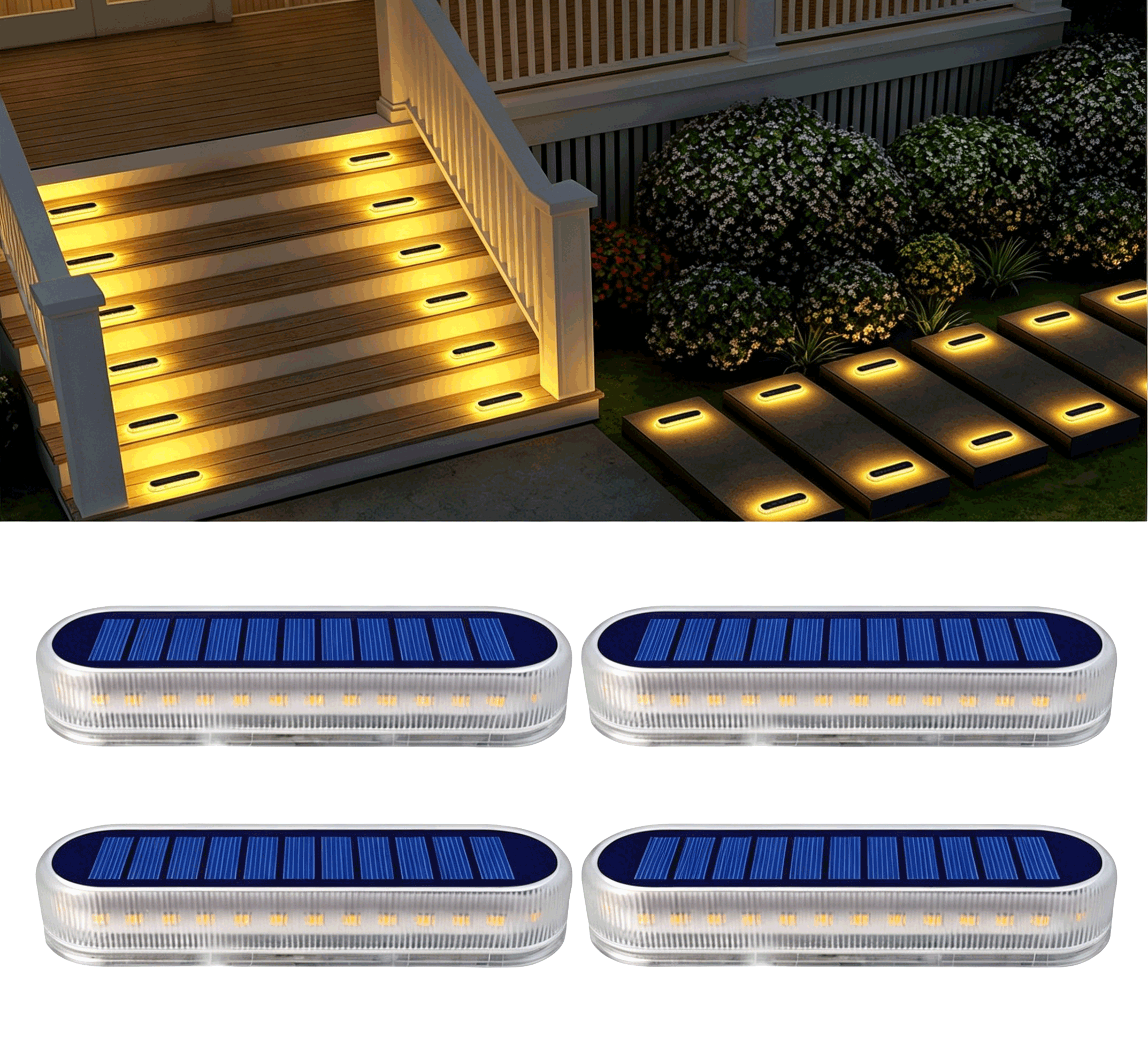Warm White Long Strip Stick-On Solar Stair Lights Outdoor Waterproof 4 packs