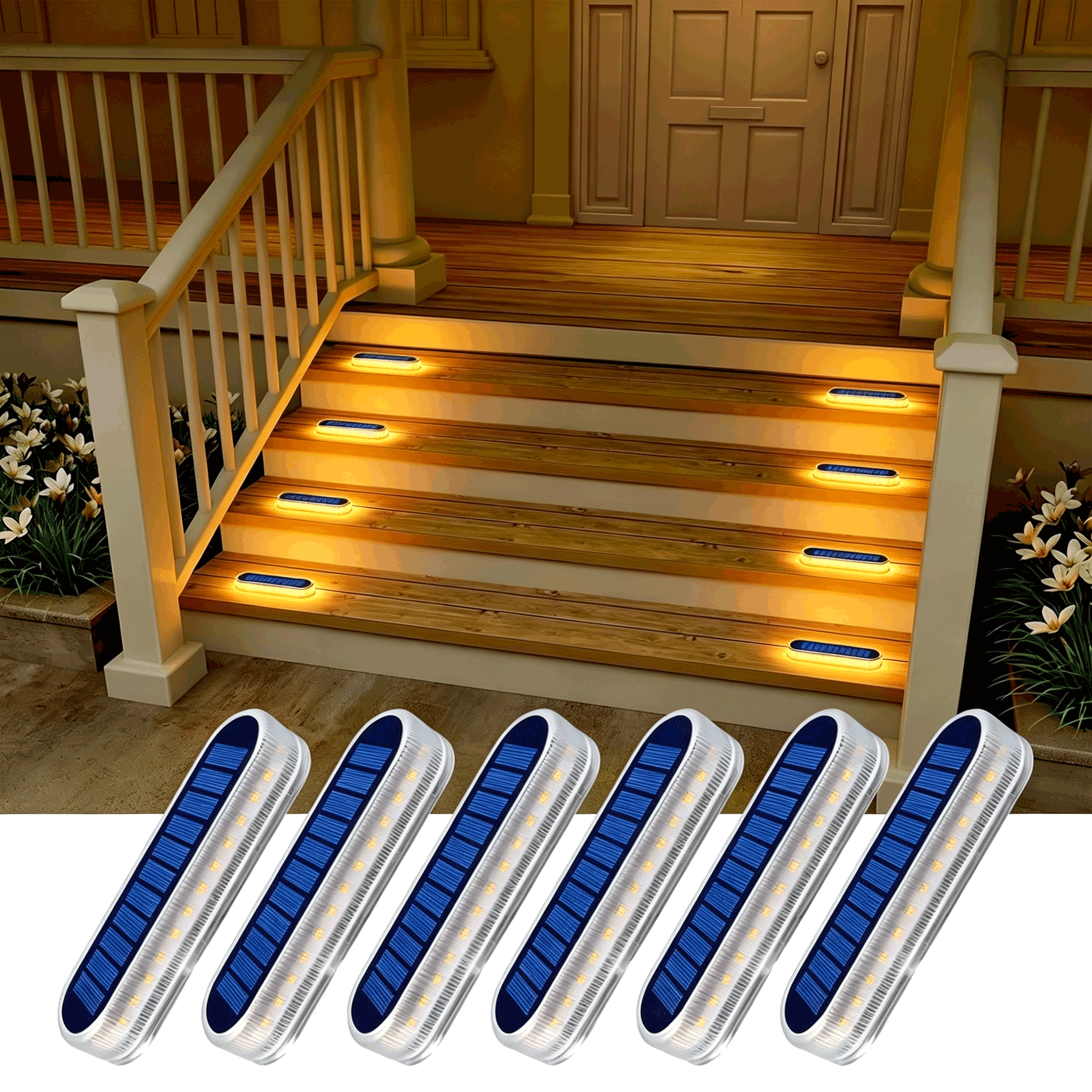 Warm White Long Strip Stick-On Solar Stair Lights Outdoor Waterproof 6 packs