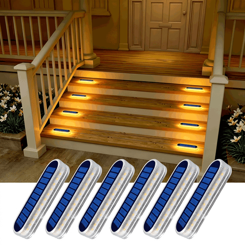 Warm White Long Strip Stick-On Solar Stair Lights Outdoor Waterproof 6 packs
