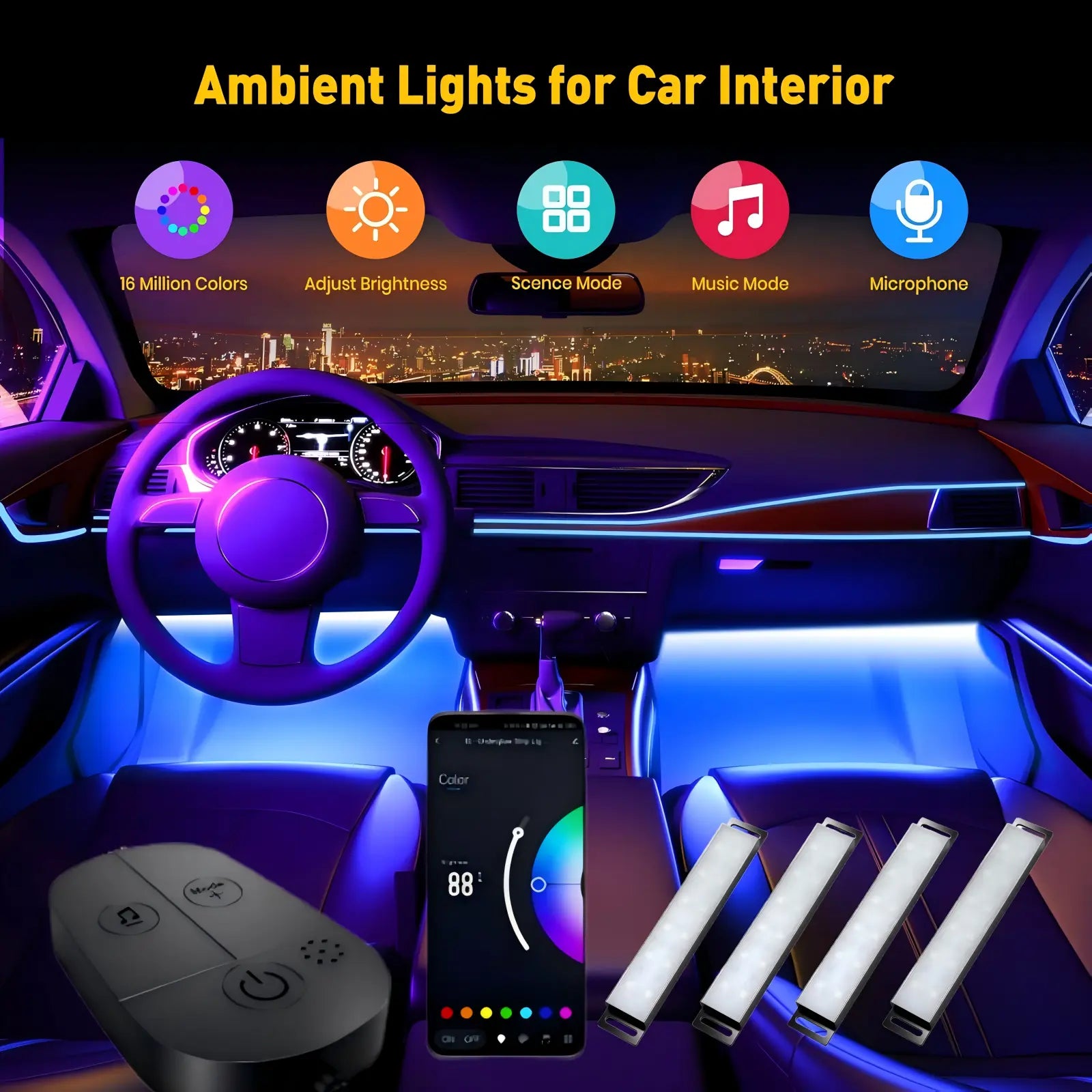 YiLaie DC 5V USB RGB Car LED Lights, App & 3‑Key Wired Controller, Music Sync