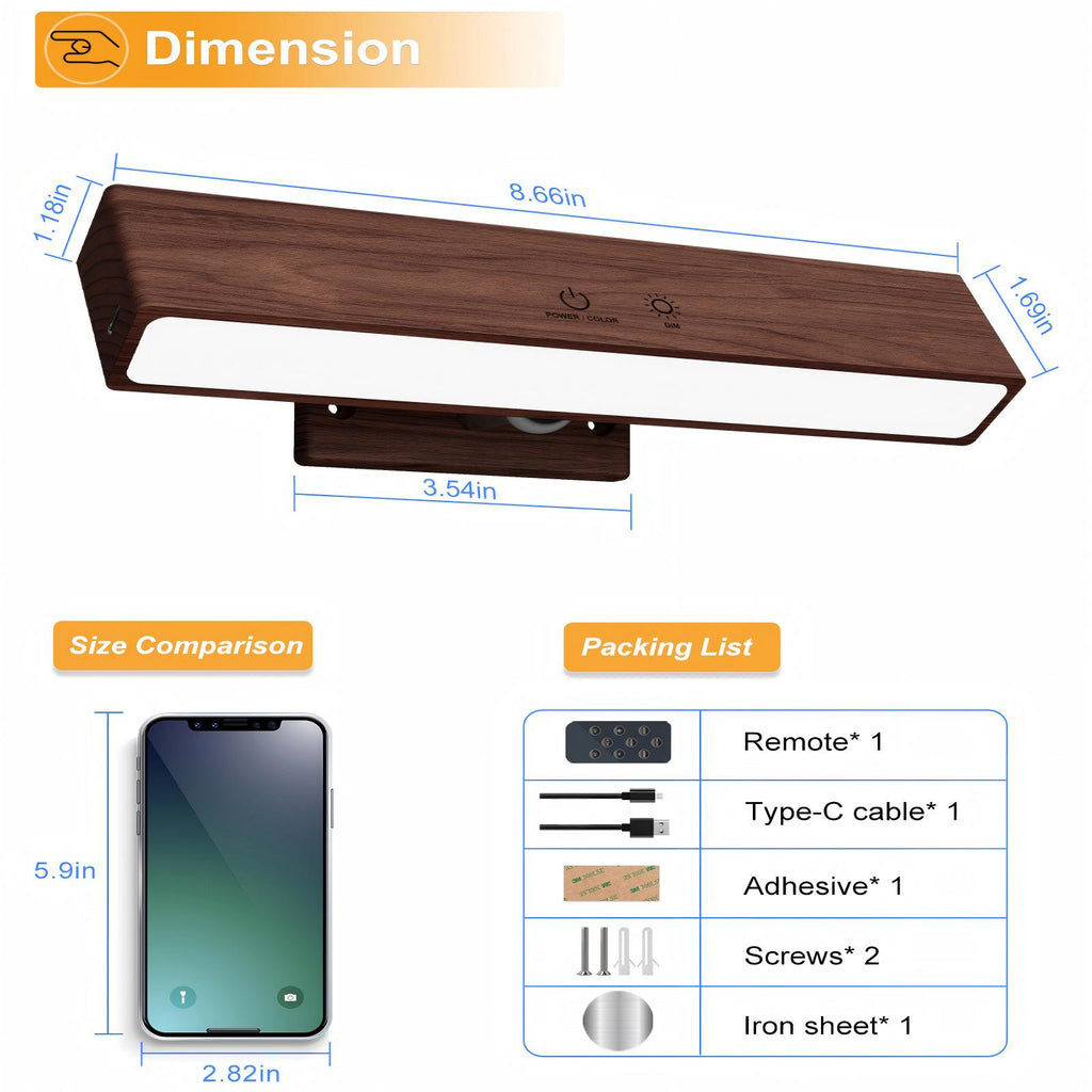 YiLaie RGB Walnut Wood Rechargeable Wall Sconce - 1 pack