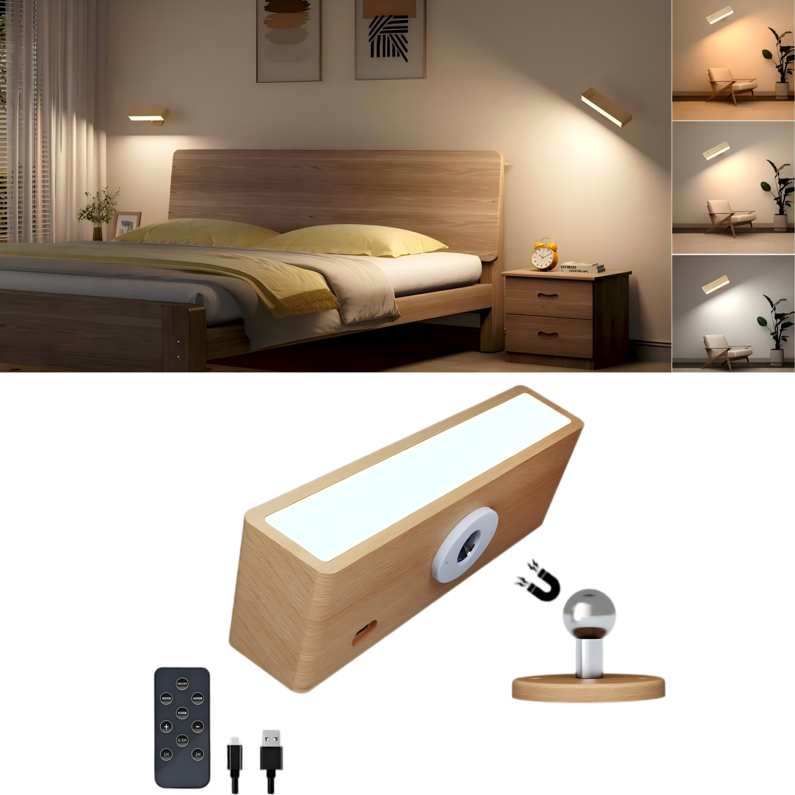YiLaie 1 pack Beechwood Battery LED Wall Sconce 3 Color Temp with Remote