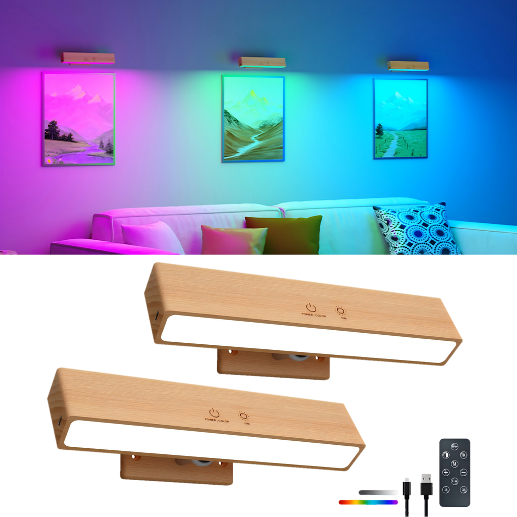 RGB Beech Wood Magnetic Wall Sconce, Rechargeable Dimmable Light - 2packs