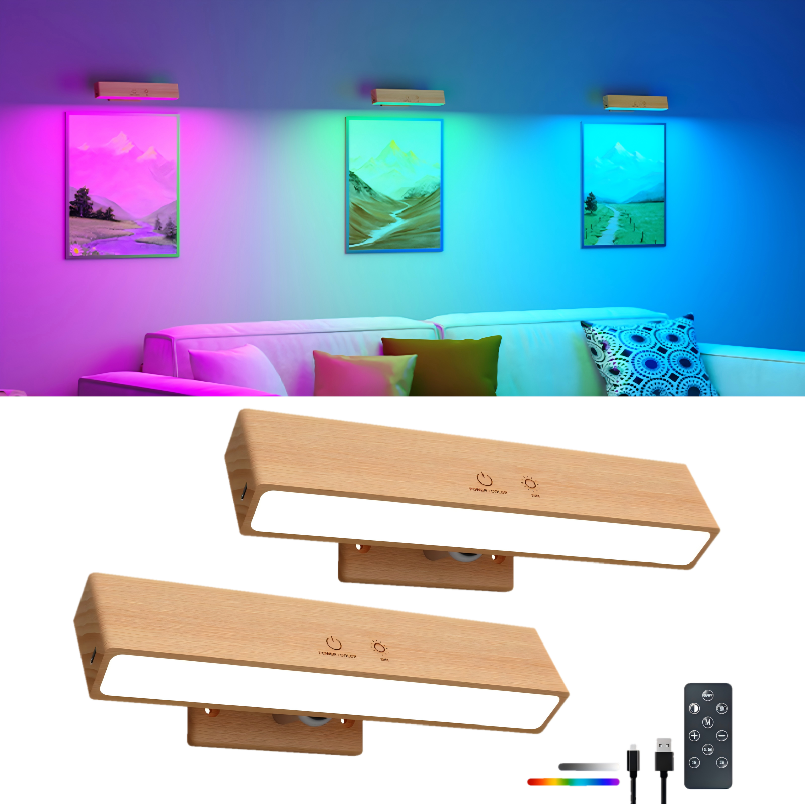 RGB Beech Wood Magnetic Wall Sconce, Rechargeable Dimmable Light - 2packs