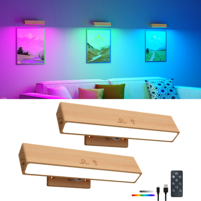 RGB Beech Wood Magnetic Wall Sconce, Rechargeable Dimmable Light - 2packs
