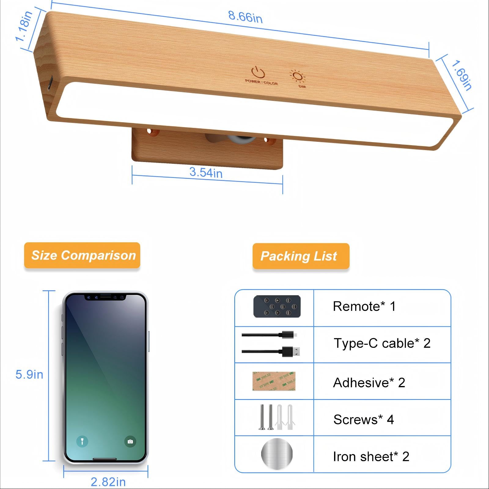 RGB Beech Wood Magnetic Wall Sconce, Rechargeable Dimmable Light - 2packs