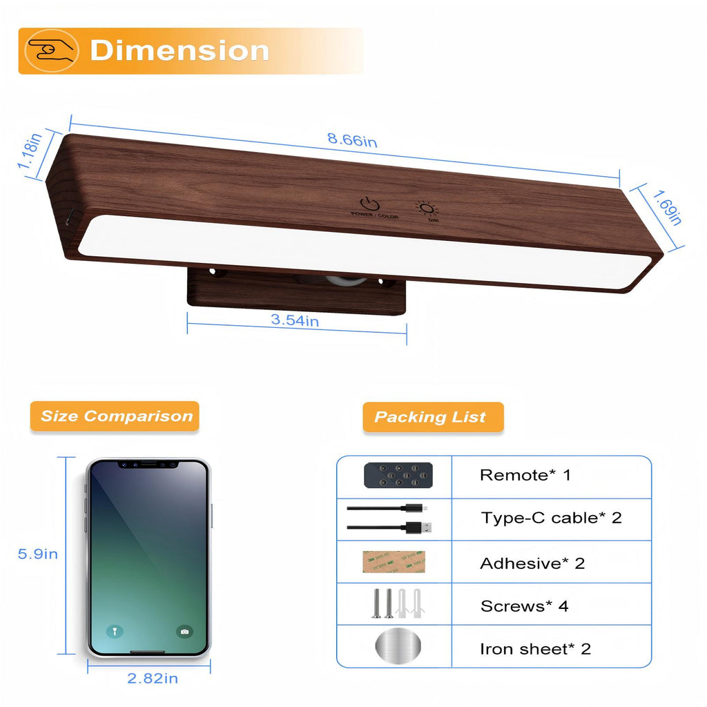 YiLaie RGB Walnut Wood Rechargeable Wall Sconce -2 pack