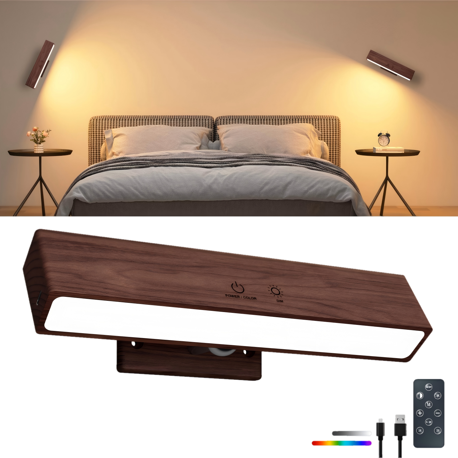 YiLaie RGB Walnut Wood Rechargeable Wall Sconce - 1 pack