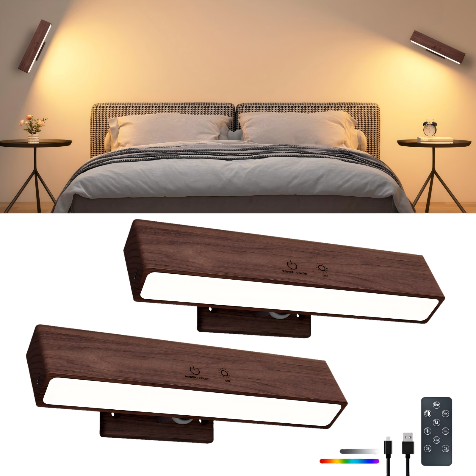 YiLaie RGB Walnut Wood Rechargeable Wall Sconce -2 pack