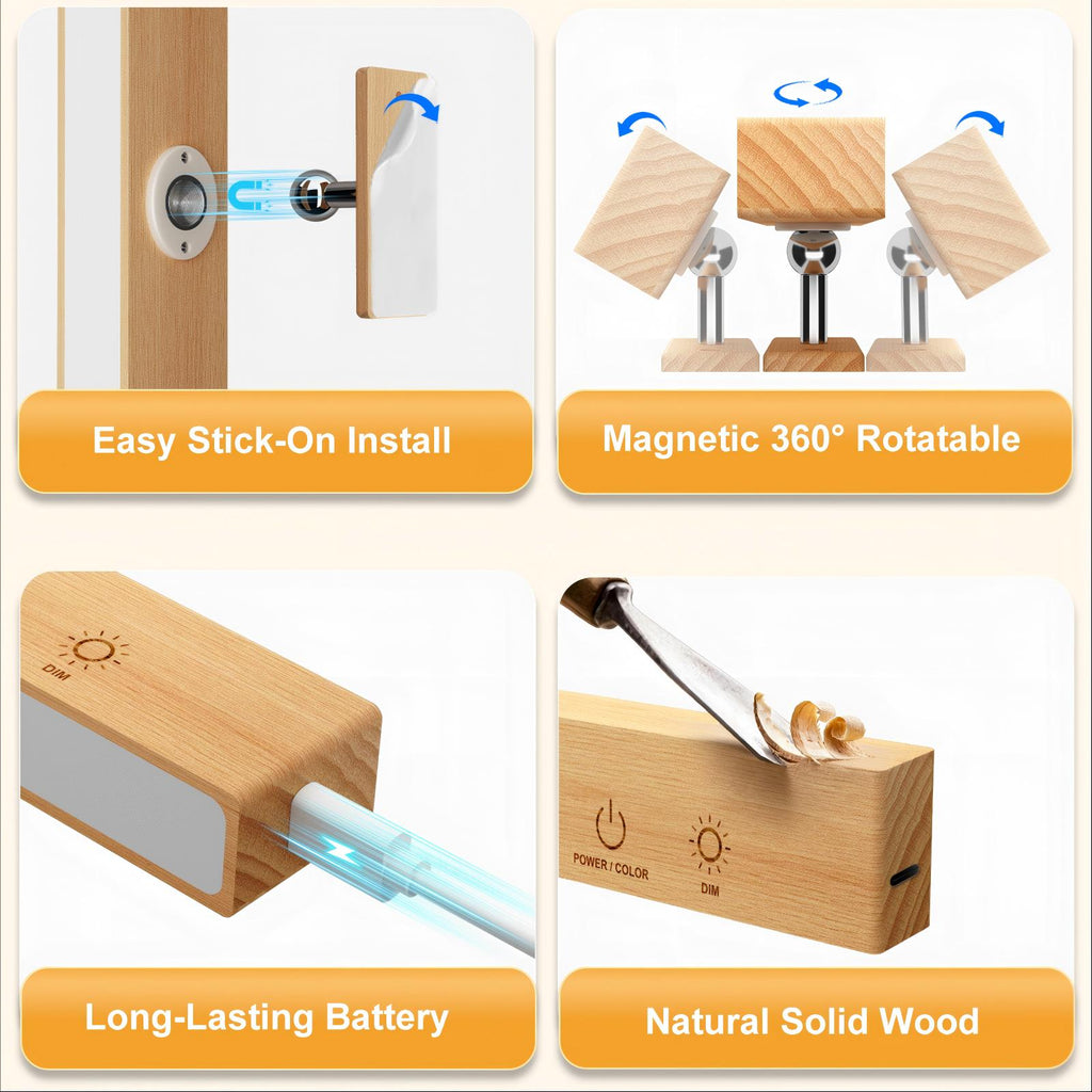 RGB Beech Wood Magnetic Wall Sconce, Rechargeable Dimmable Light - 2packs