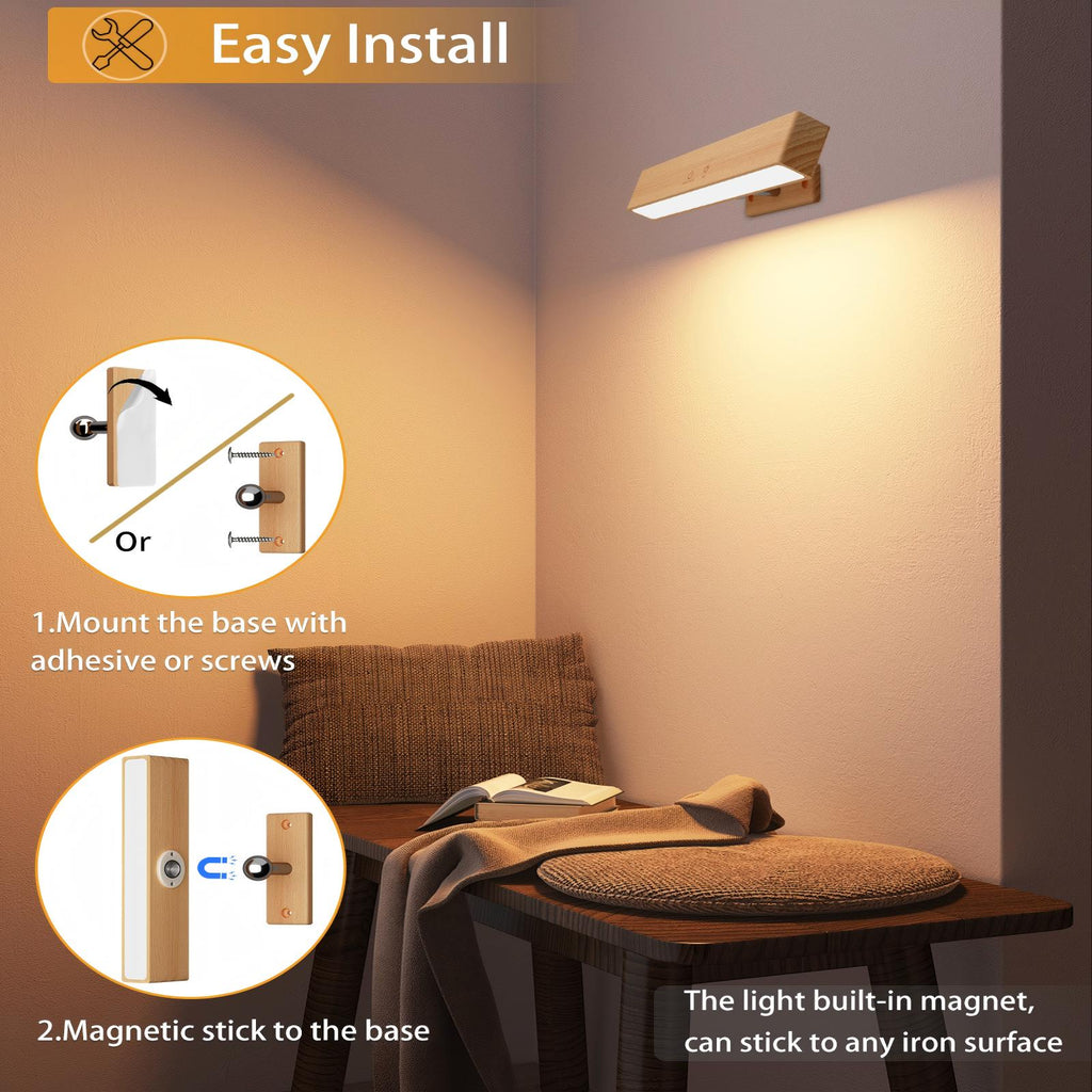 RGB Beech Wood Magnetic Wall Sconce, Rechargeable Dimmable Light - 2packs