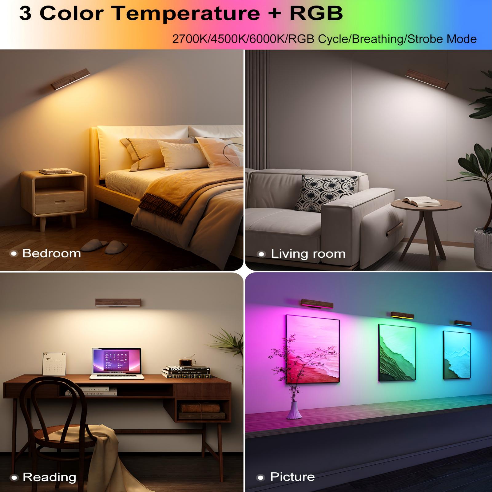 YiLaie RGB Walnut Wood Rechargeable Wall Sconce -2 pack
