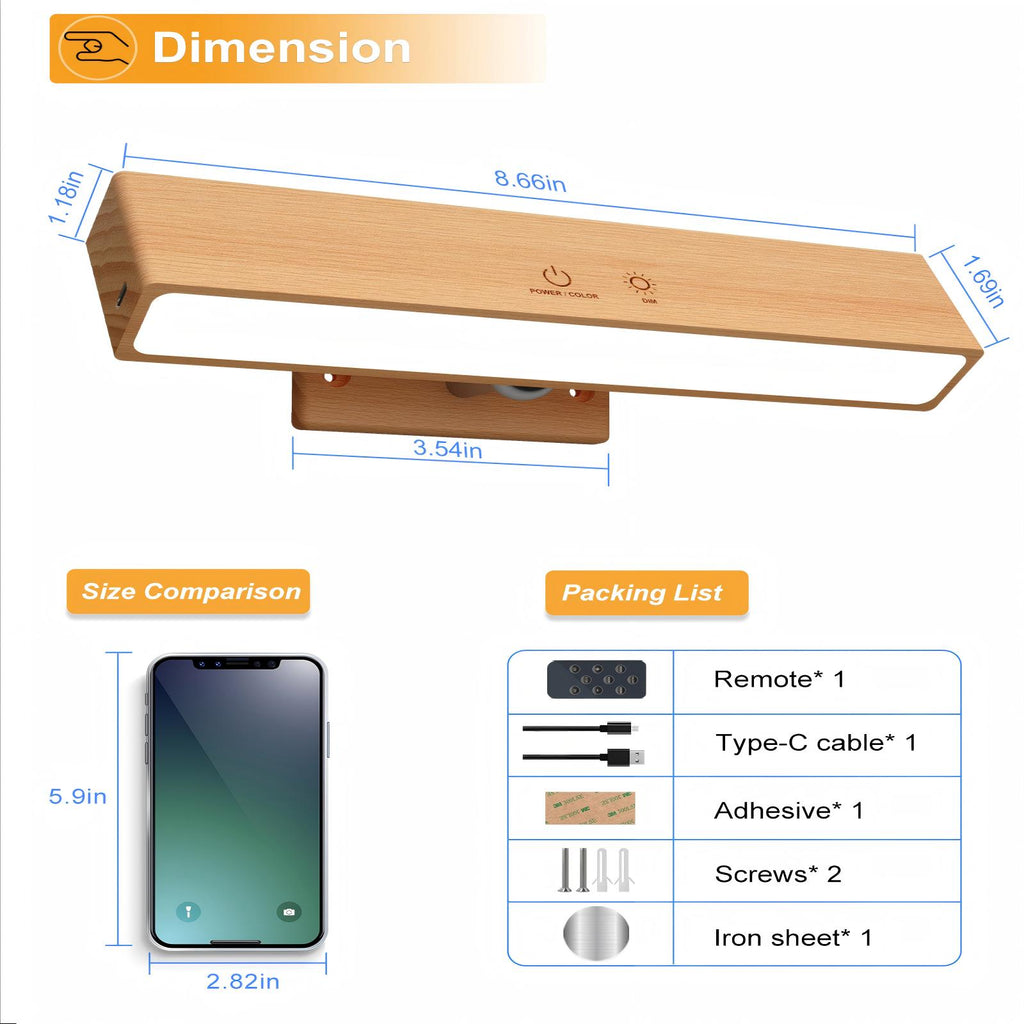 RGB Beech Wood Magnetic Wall Sconce, Rechargeable Dimmable Light- 1 pack