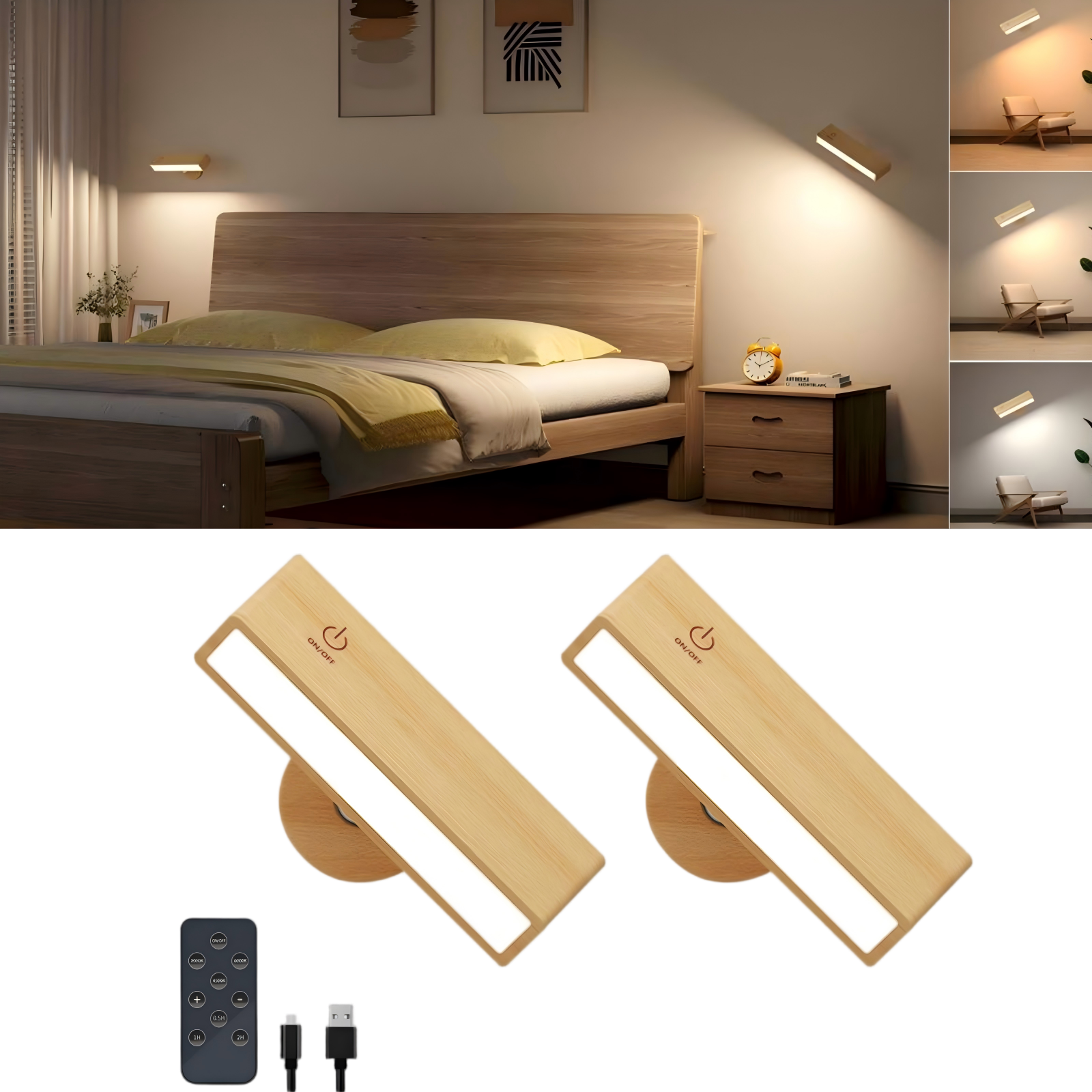 YiLaie 2 pcs Beechwood Battery LED Wall Sconce 3 Color Temp