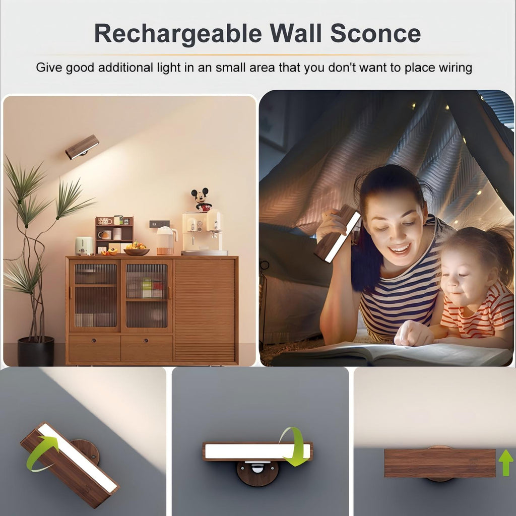 YiLaie 1 pcs Black Walnut LED Wall Sconce 3 Color Temp Rechargeable
