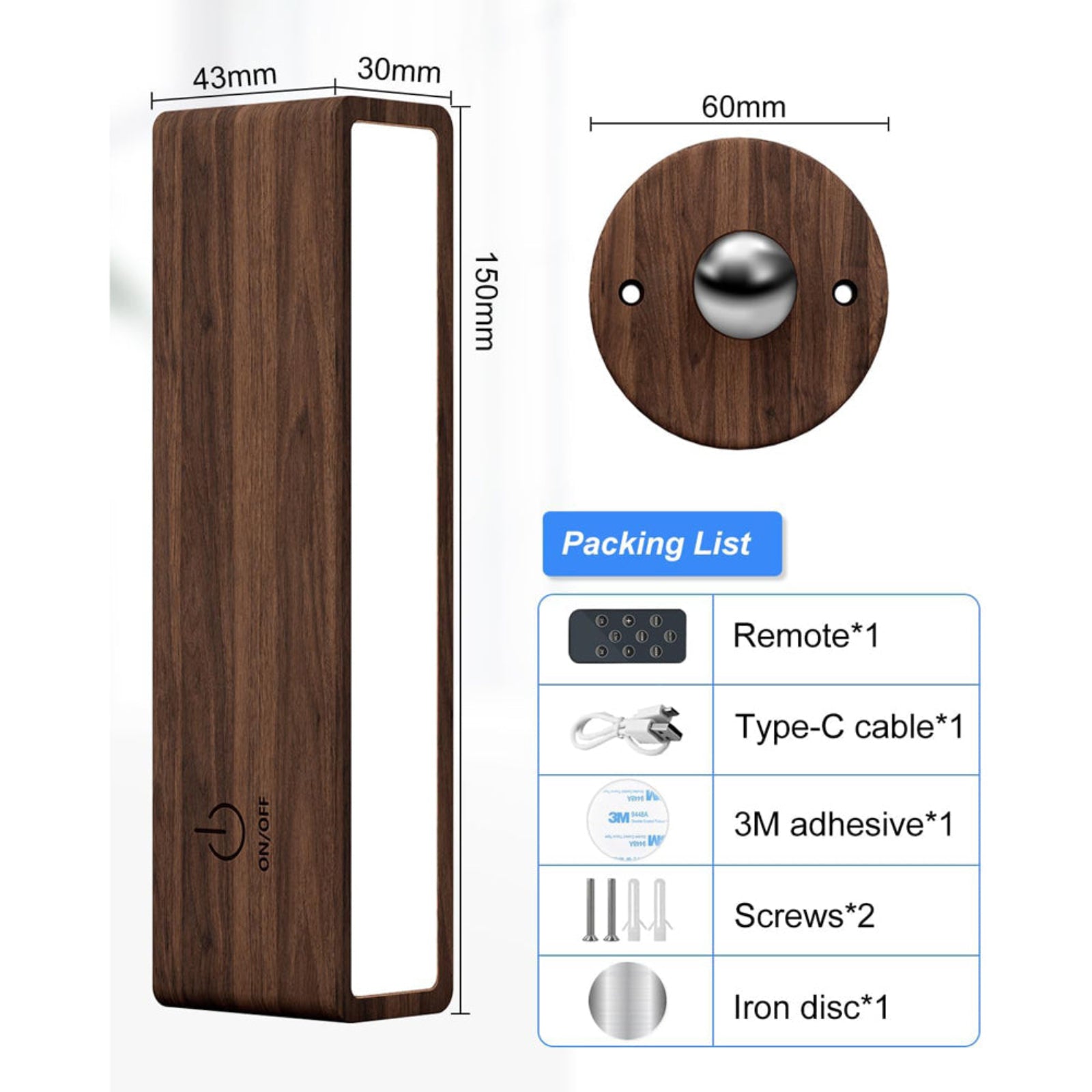 YiLaie 1 pcs Black Walnut LED Wall Sconce 3 Color Temp Rechargeable