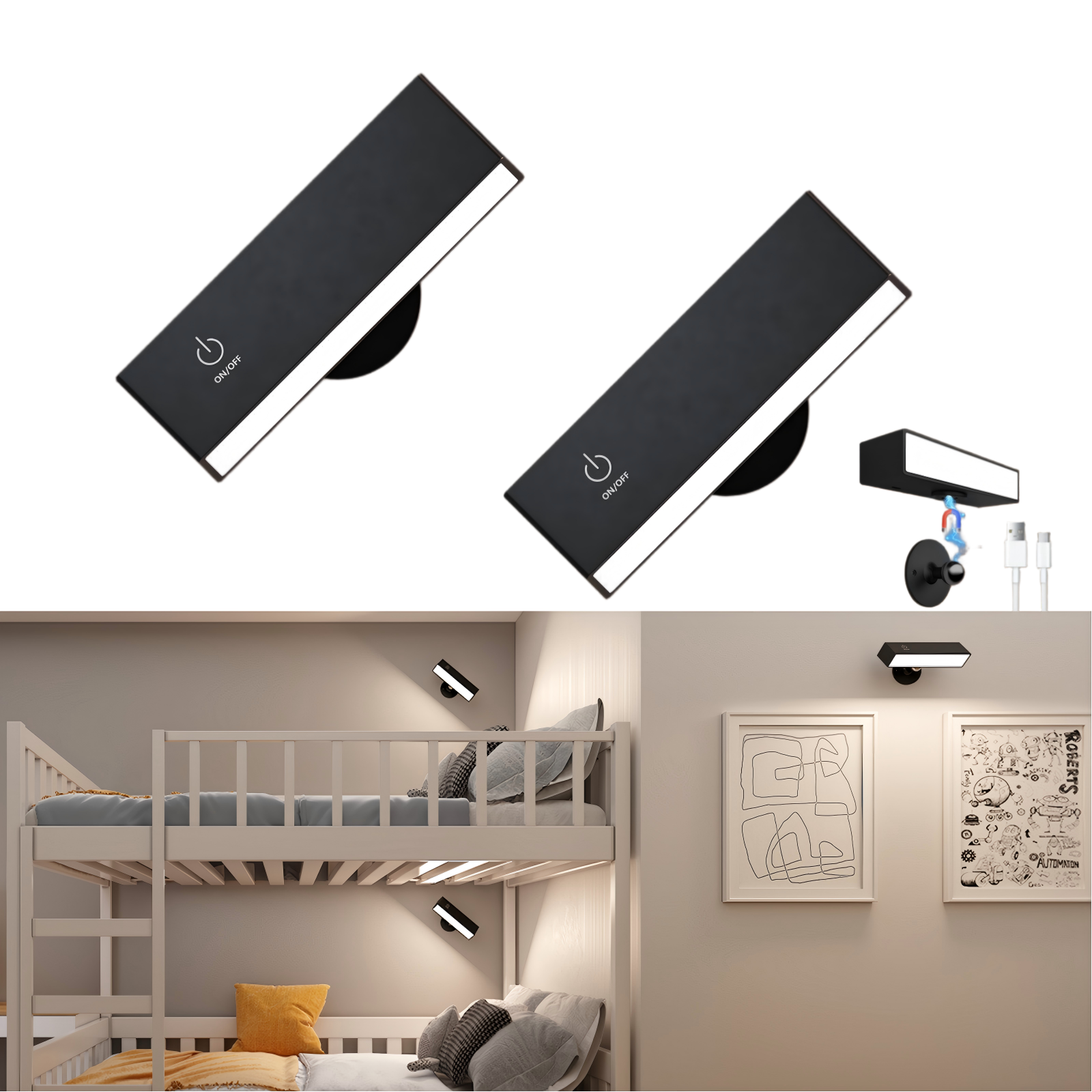 YiLaie 2 pcs Black 4000K Rechargeable Magnetic Wall Sconce